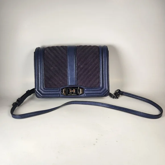REBECCA MINKOFF Mini Love Chevron Quilted Crossbody Bag Blue Leather Purse - Picture 5 of 13